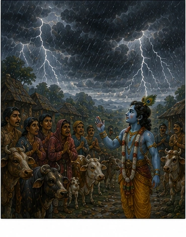 Krishna and villagers at the beginning of the Govardhan story