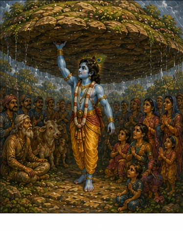 The storm gathers in Krishna Lifts Govardhan Hill