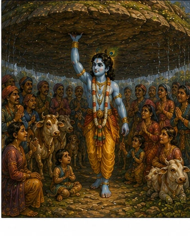 Krishna shelters villagers beneath Govardhan Hill