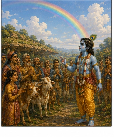 The village safe after the storm in Krishna Lifts Govardhan Hill
